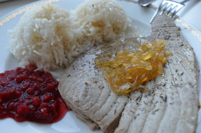 tuna steak with cranberry sauce and onion marmakade