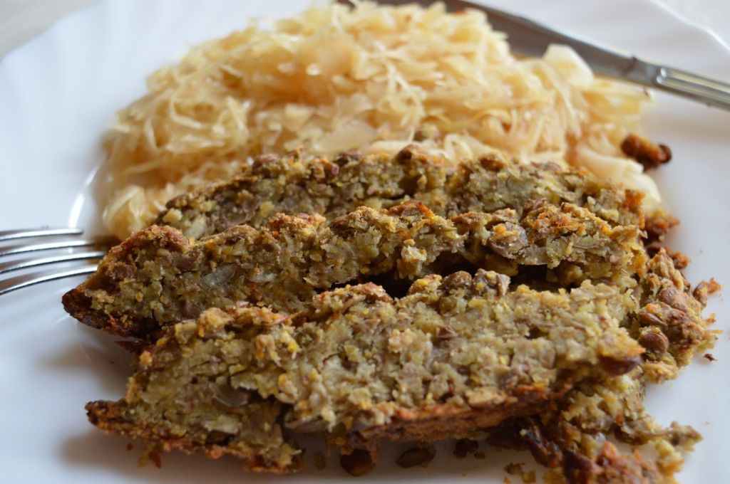 Baked Lentil Loaf on Caramelized&nbsp;Sauerkraut